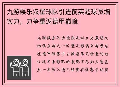 九游娱乐汉堡球队引进前英超球员增实力，力争重返德甲巅峰