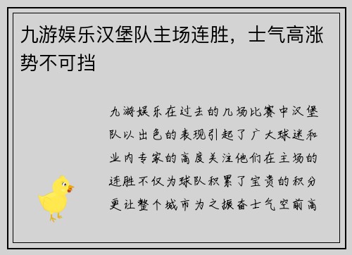 九游娱乐汉堡队主场连胜，士气高涨势不可挡